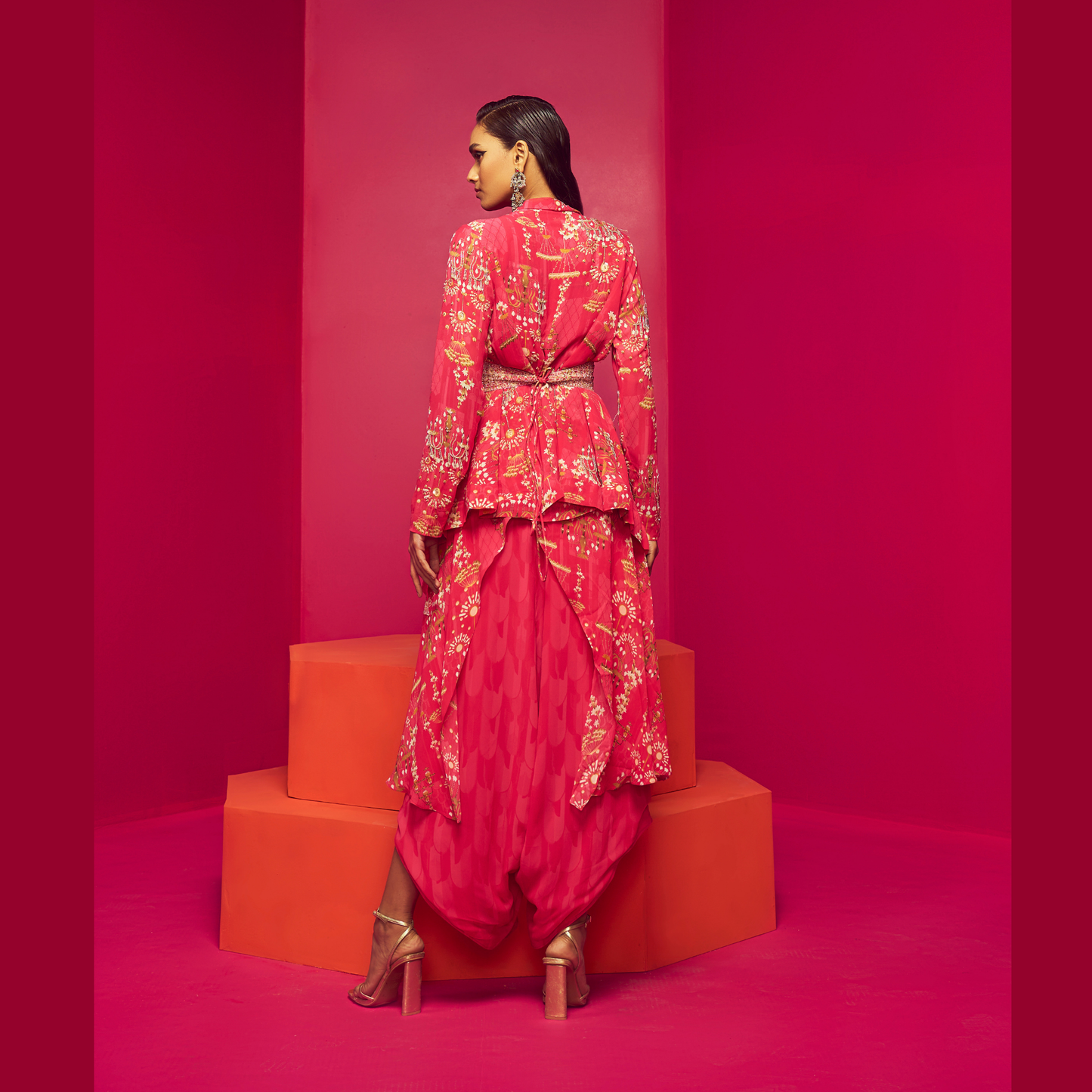 Fuchsia Pink Layered Dhoti Set