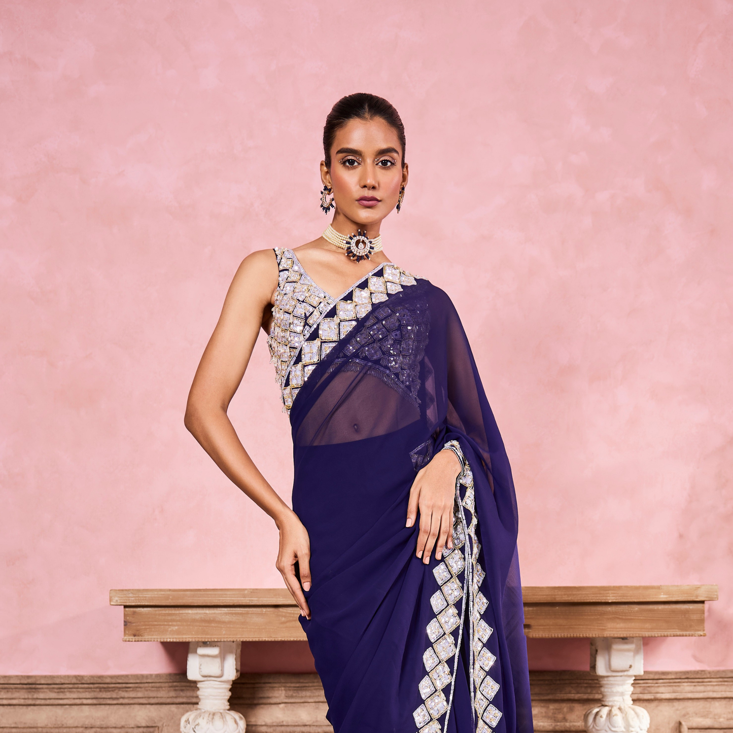 Classic Purple-Blue Pre-Draped Saree