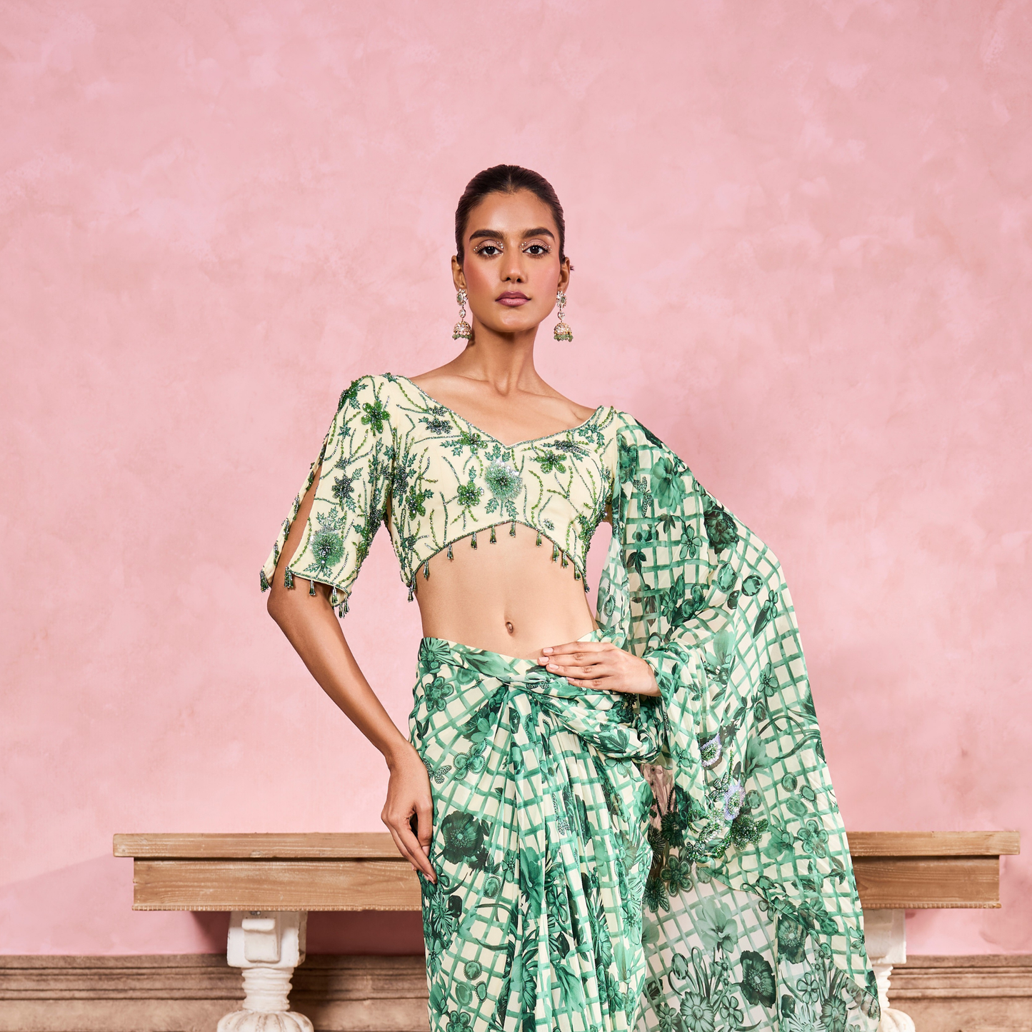 Green Pre-Draped Embroidered Saree Set