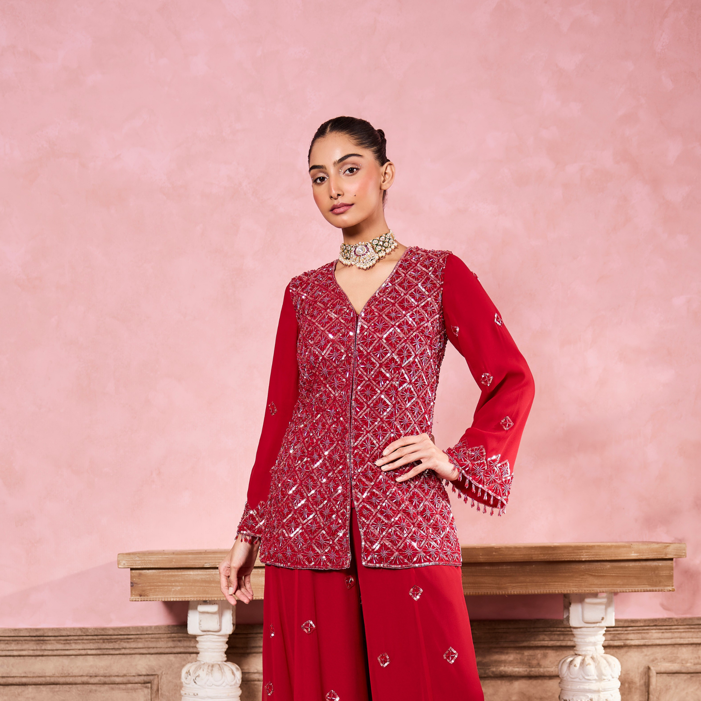 Red Hand Embroidered Sharara Set