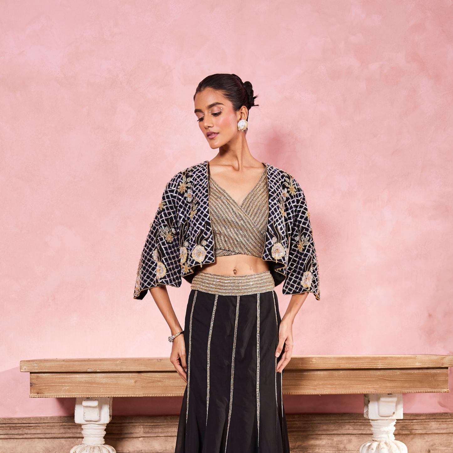 Black Georgette Embroidery Open Cape Set