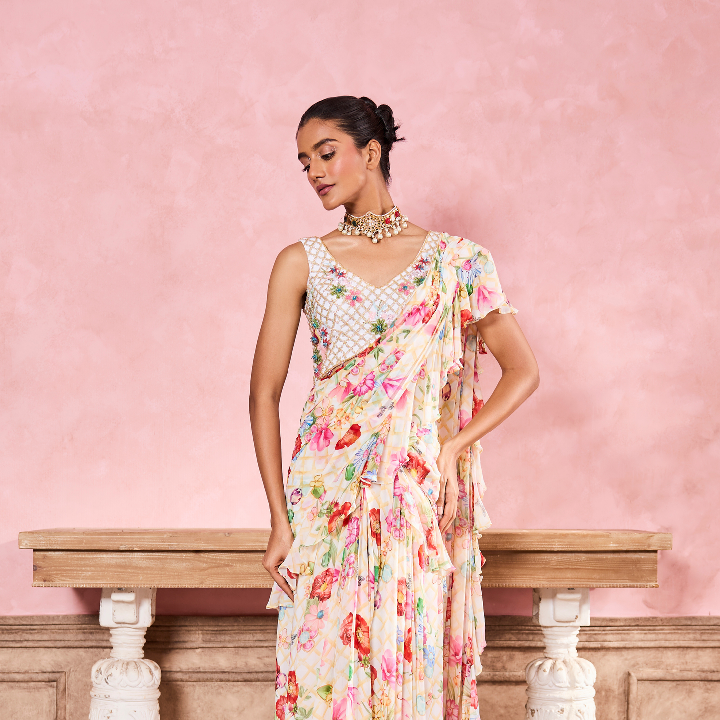 White Floral Printed Pre-Draped Sarees