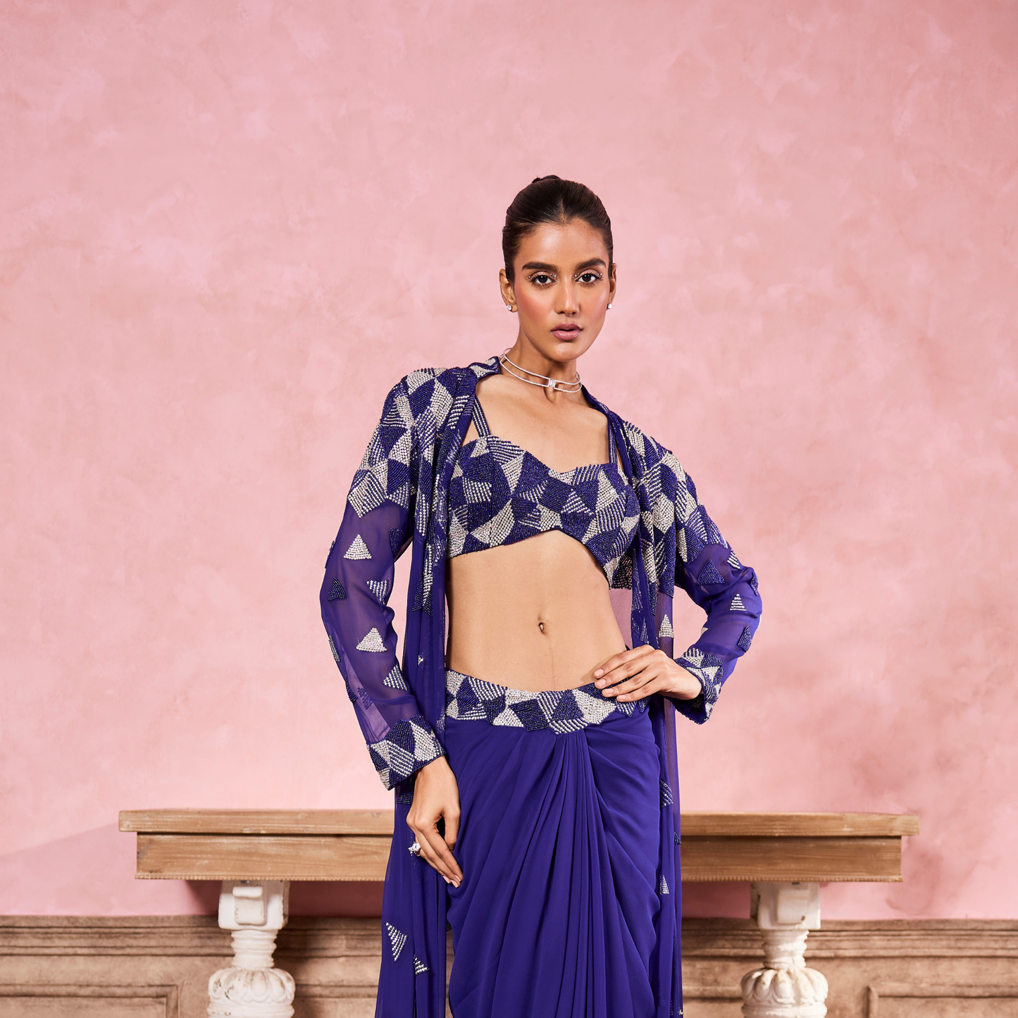 Blue 3D Diamond Embroidered Cape Set