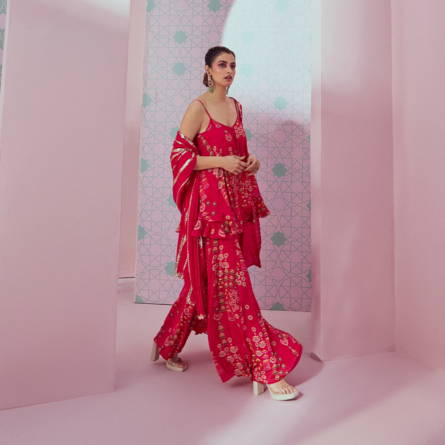 2 layered kurta with sharara paired up with a heavy dupatta