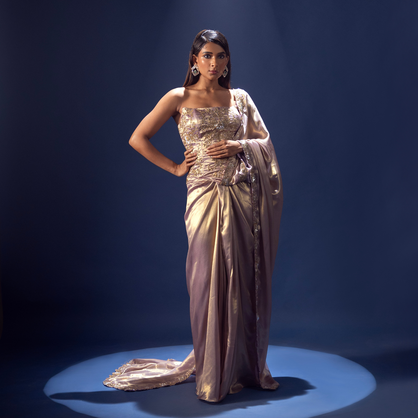 Lavender Shimmer Pre-Draped Saree With Corset Blouse