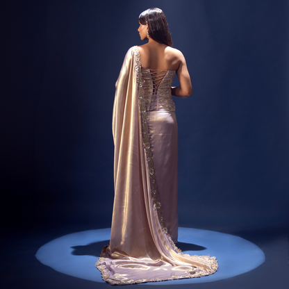 Lavender Shimmer Pre-Draped Saree With Corset Blouse